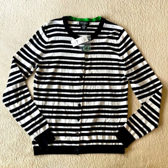 Lord & Taylor Sweaters - Lord&Taylor Black&White Striped Cotton Modal Cardigan Petite PM